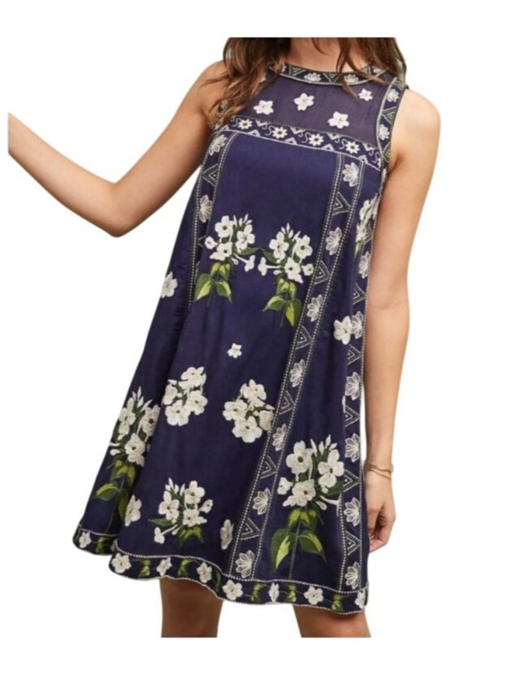 Anthropologie Maeve Rosa Swing Dress Navy Blue Embroidered Floral Size 4